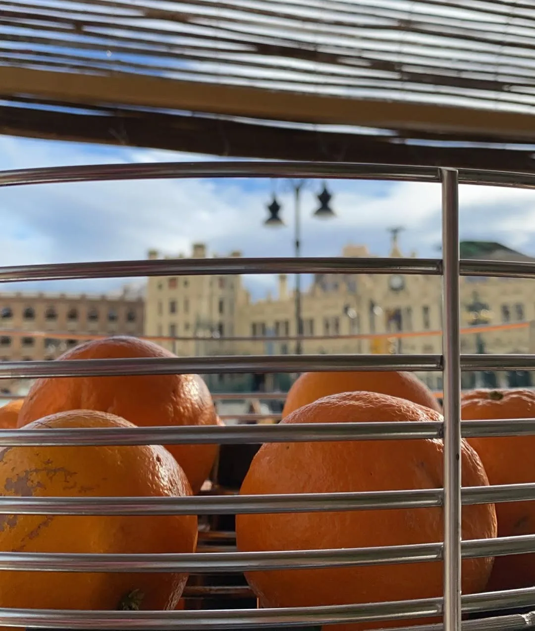Naranjas en la exprimidora de nuestro carrito, frente a la Estació del Nord de València